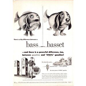 1951 Ethyl Gas Station Gasoline Vintage Print Ad Basset Hound Bass Fish Wall Art